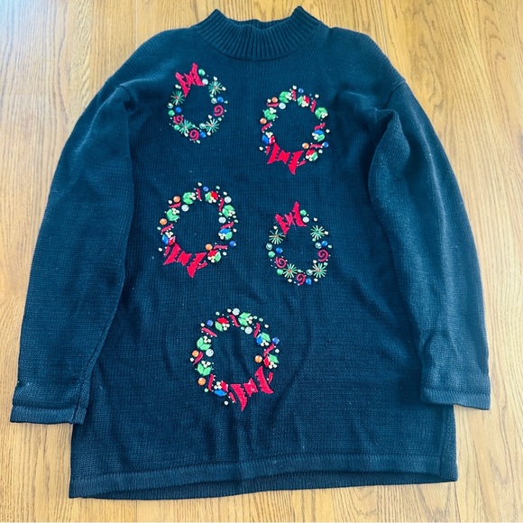 Karen Scott Sweaters - Karen Scott Black Sweater with Colorful Wreaths